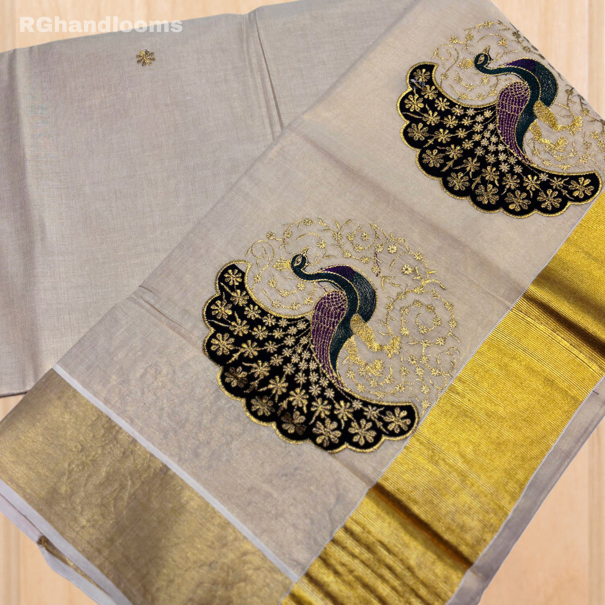 GoldenTissue Saree Peacock Embroidery Work