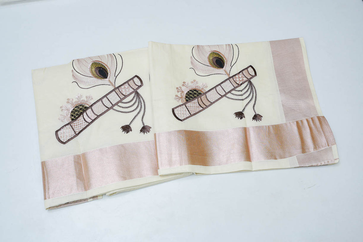 White Cotton Handloom Saree with Bamboo Flute Stitched Design
