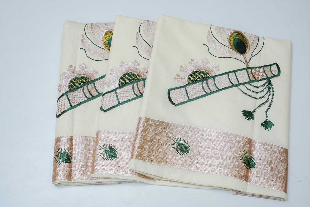 White Cotton Handloom Saree with Bamboo Flute Stitched Design