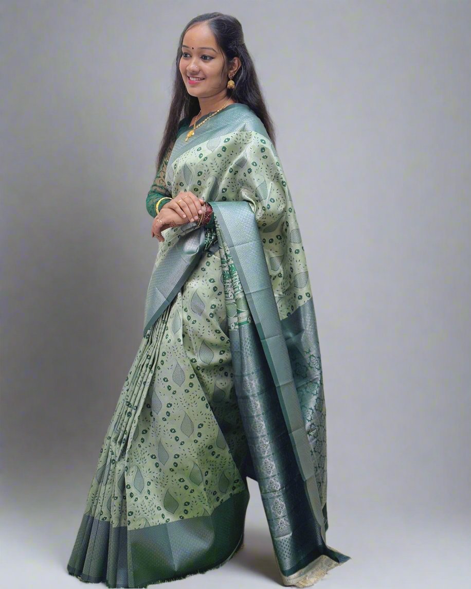 Handloom Green Silk Saree with Floral Motifs  Product Description: