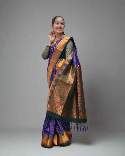 Handloom Blue Silk Saree with Green and Golden Design Border