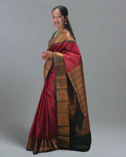 Handloom Copper Red Silk Saree with Green and Golden Design Border