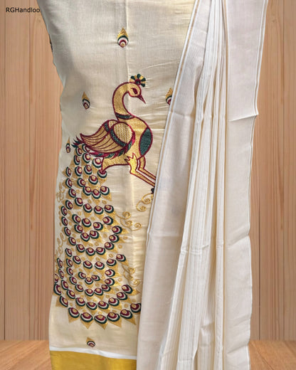 Churidar Material with Majestic Peacock Design & Golden Border