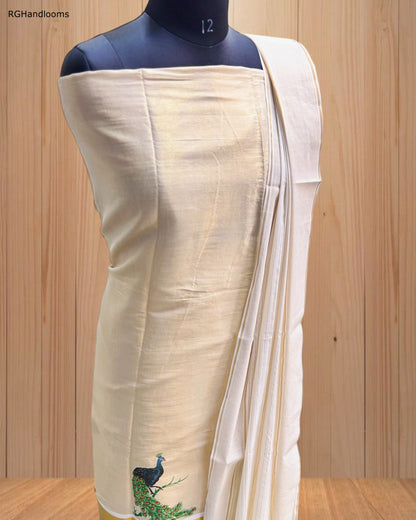 Ivory Churidar Material with Graceful Peacock Design & Golden Border