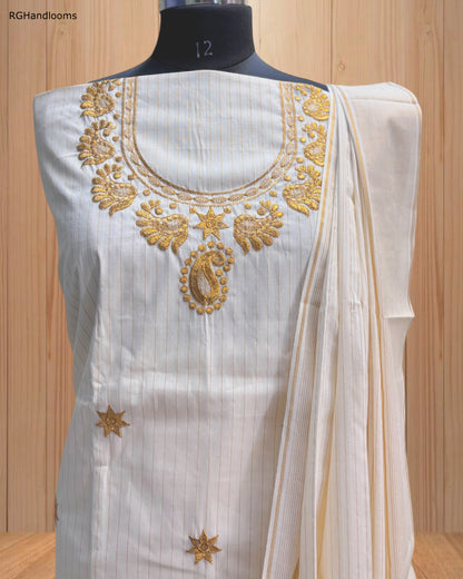 White Churidar Material with Gold Star Stitch Design & Line Details