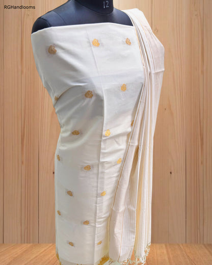 White Churidar Material with Golden Design & Golden Border