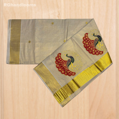 GoldenTissue Saree Peacock Embroidery Work