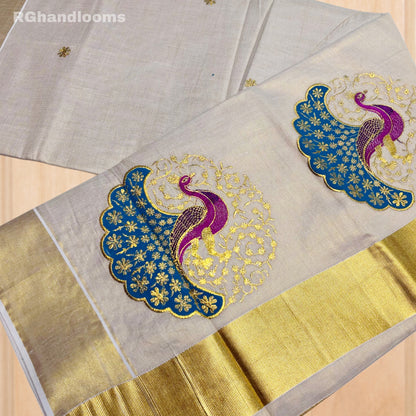 GoldenTissue Saree Peacock Embroidery Work