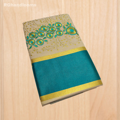 Ivory Saree with Red Sunflower Stitch Design and Red Border