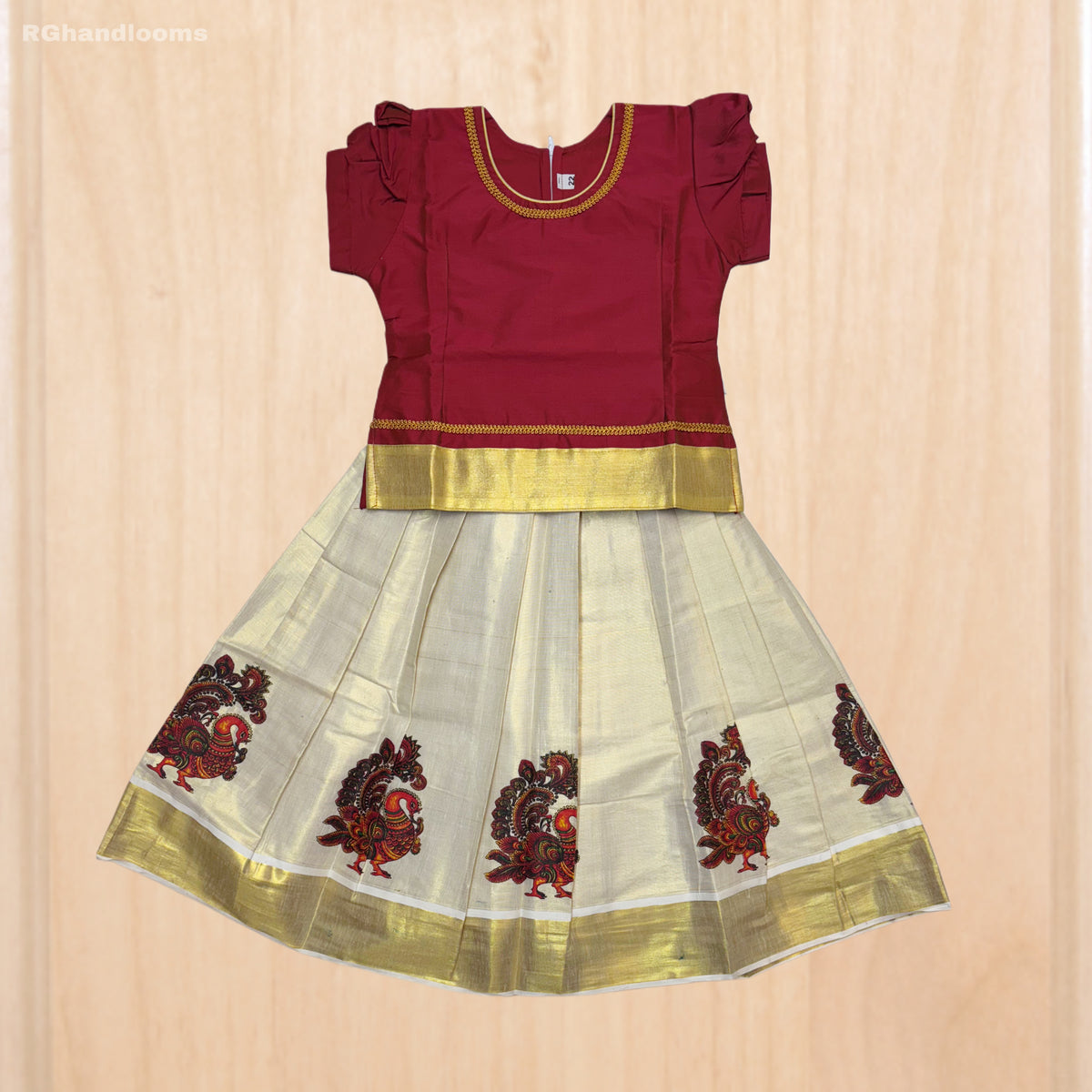 Red colour Kids Frock with peacock design
