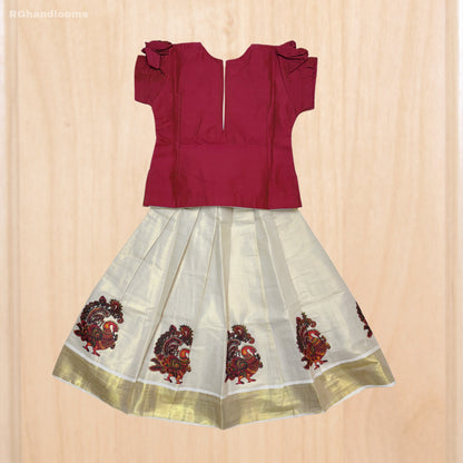 Red colour Kids Frock with peacock design