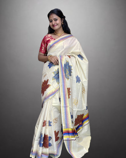 Tissue Hand Paint Saree with embroidery , with Flower Designs