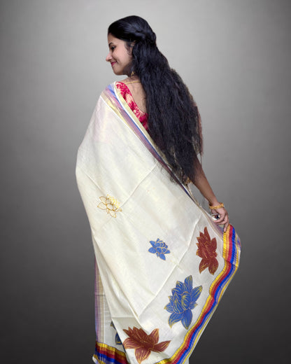Tissue Hand Paint Saree with embroidery , with Flower Designs