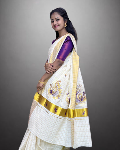 Cotton Set Saree Traditional Peacock With Check Pattern