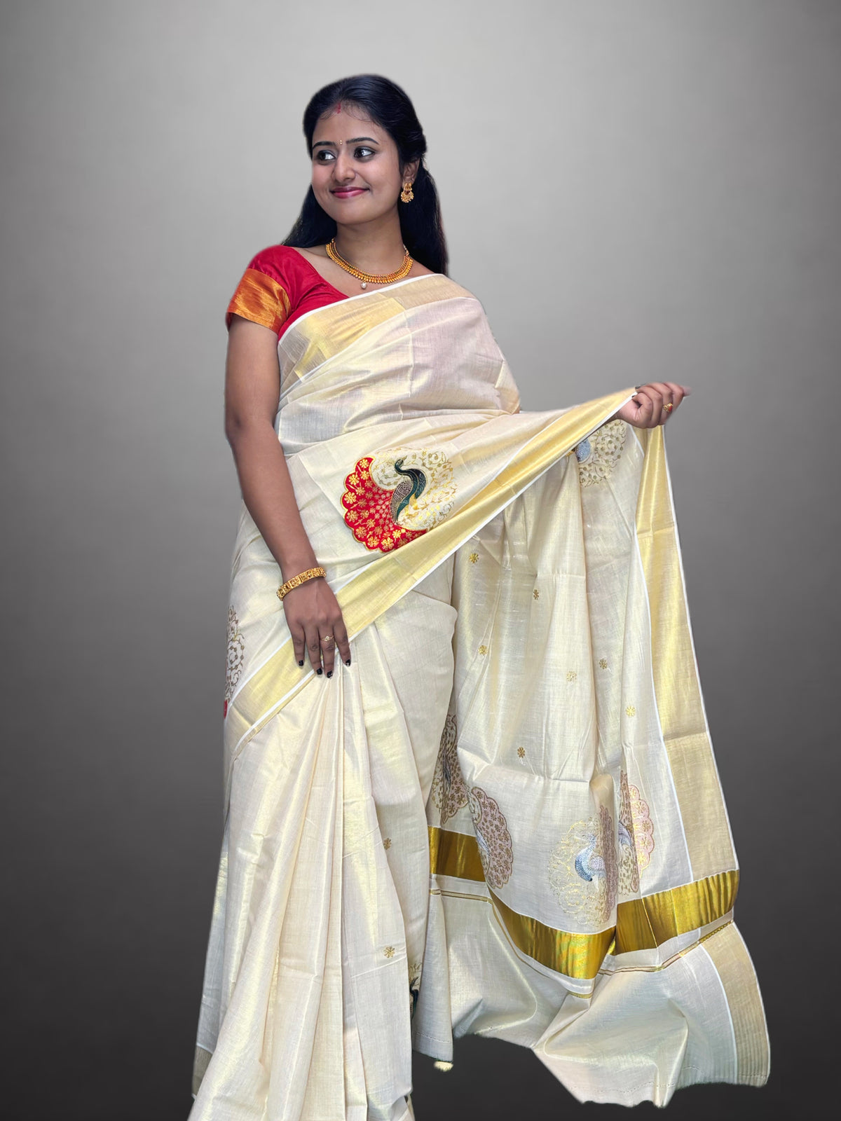 GoldenTissue Saree Peacock Embroidery Work
