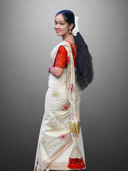 Beige Kerala Saree with Stitched Flower, Red Line, and Golden Border