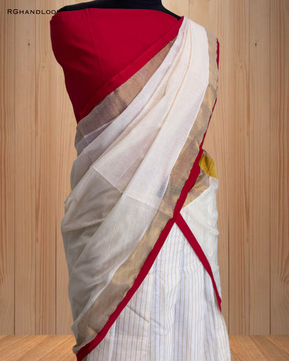 Kerala traditional dhavani set, adorned with a radiant red and golden border.