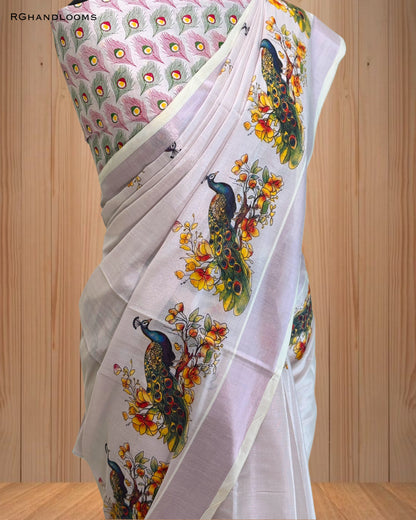 Pink Tissue Saree with Mural Print Peacock Design, paired with a stylish printed blouse