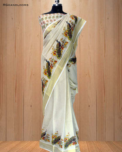 Gold Tissue Saree with Mural Print Peacock Design, paired with a stylish printed blouse.