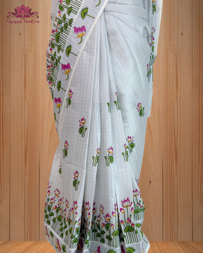 Silver Tissue Mural Print Saree with Lotus Design