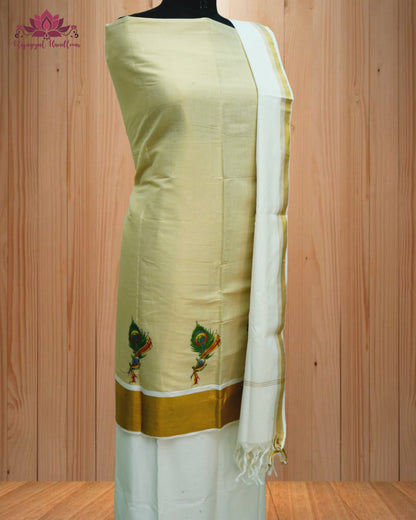 Beige Churidar Material, beautifully crafted with a stunning Peacock Leaf Design