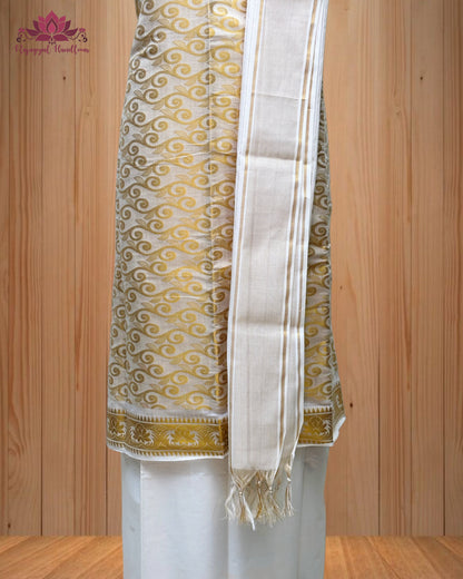 White Churidar Material with intricate Golden Design and a stunning Golden Border
